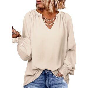 Women Beig Stylish & Elegant Smocked Long Sleeve V Neck Casual Chiffon Shirt Top